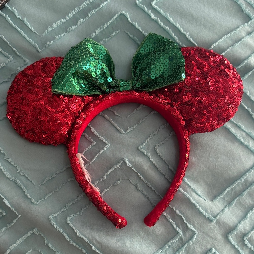 Disney Red Sequin Minnie Ears Headband with Green Bow